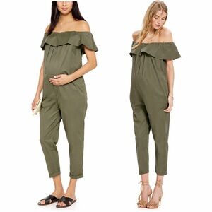 HATCH Maternity Ruffled Cotton jumpsuit in Khaki Green. Can be off shoulder o/s